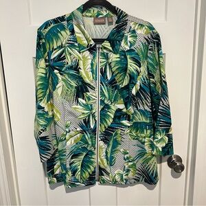 Chicos Full Zip Jacket Womens Size 3 XL 3/4 Sleeve  Hawaiian Palm Leaf Stretch